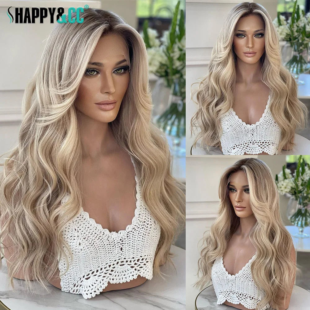 30 Inch Highlight Blonde Synthetic Lace Front Wigs Dark Roots Straight Long Ombre Ash Blonde Pre Plucked Colored Wigs for Women