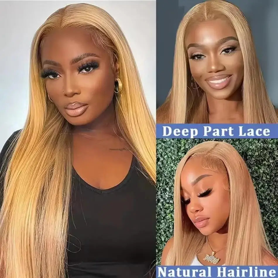 Wiggogo #27 Honey Blonde Human Hair Straight Wig 13X6 Lace Frontal Preplucked Wig 30 32 Inch Lace Front Colored Brazilian Wigs