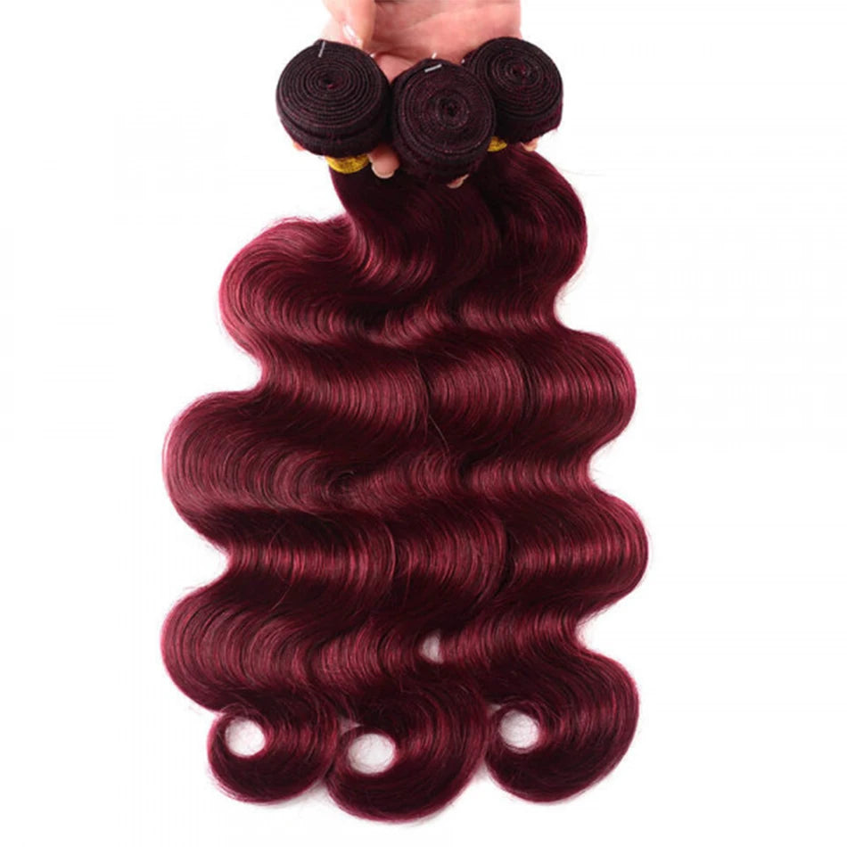 2/3/4 Bundles With Frontal Body Wave Highlight Burgundy #99J Human Hair 13x4 Lace Front With 3 Bundles Brazilian Hair For Women