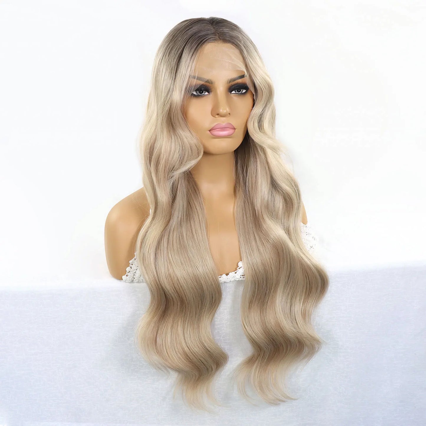 30 Inch Highlight Blonde Synthetic Lace Front Wigs Dark Roots Straight Long Ombre Ash Blonde Pre Plucked Colored Wigs for Women