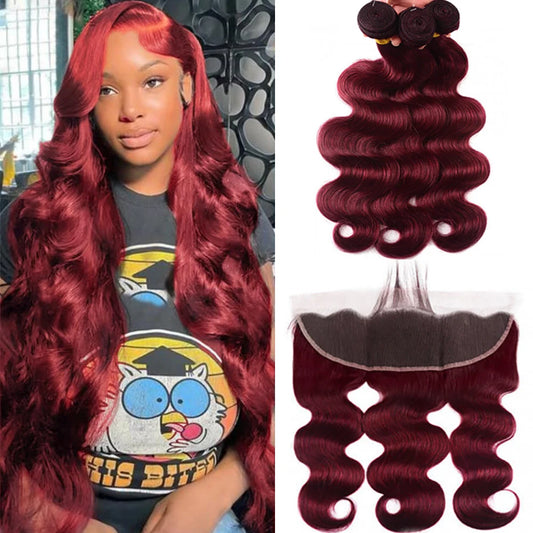 99J Burgundy Human Hair 3 Bundles with 13×4 Lace Frontal Body Wave 99J Burgundy Pre Plucked Frontal with Baby Hair For Women