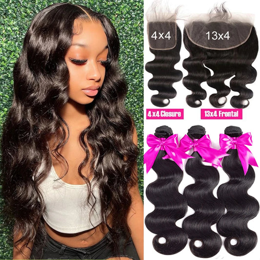 Malaysian Body Wave Bundles With Frontal 100% Virgin Human Hair 3 Bundles With Closure HD Transparent Lace Frontal With Bundles