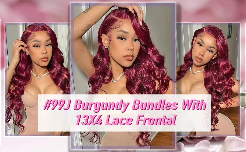 2/3/4 Bundles With Frontal Body Wave Highlight Burgundy #99J Human Hair 13x4 Lace Front With 3 Bundles Brazilian Hair For Women