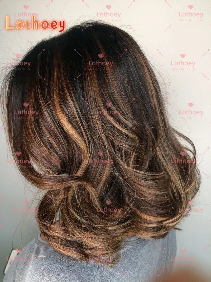 Right partial body wave wig Human wig eal hair Brown pick-dyed suitable for black women Easy to wear Glue-free transparent wig S