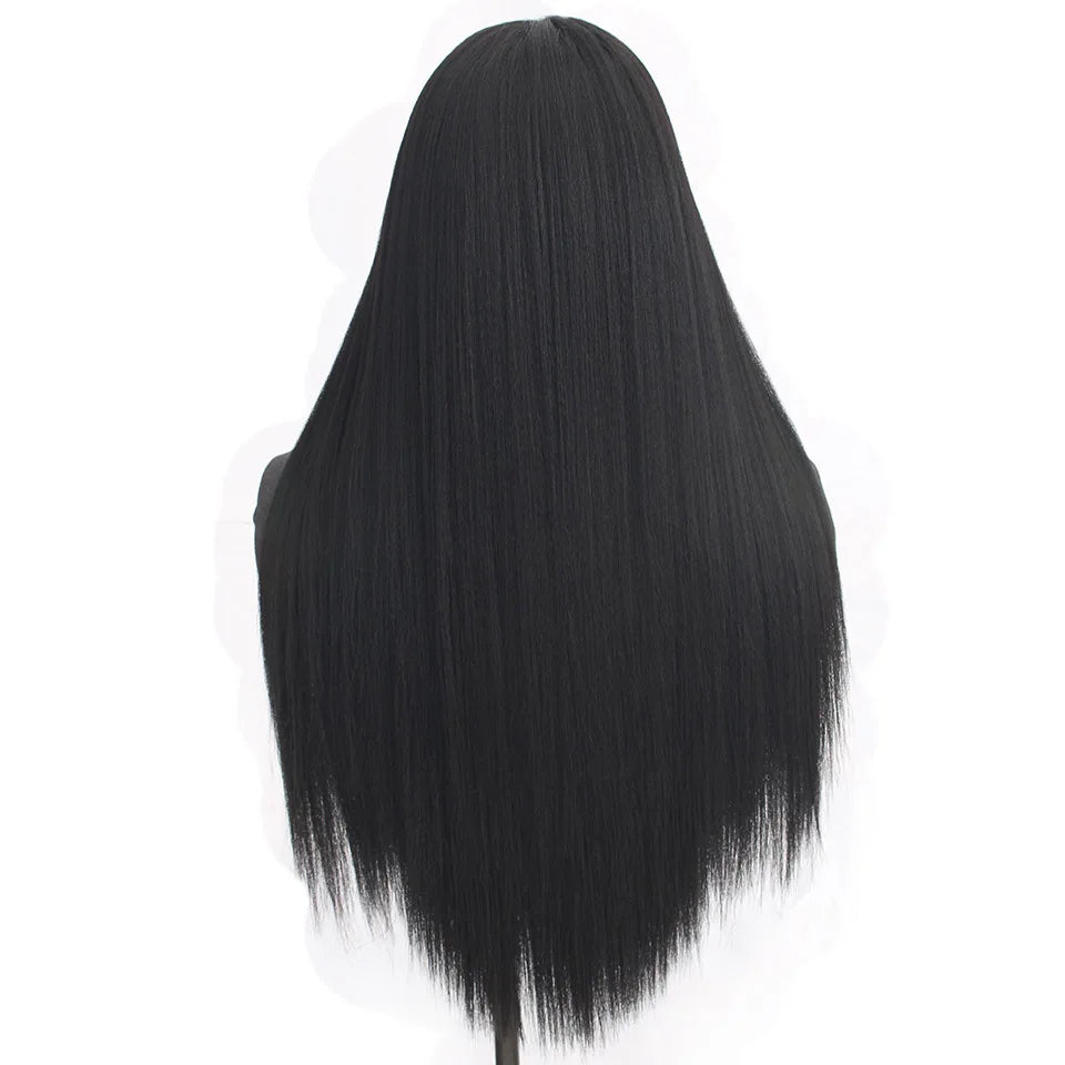 13X6 Bio Synthetic Lace Front Wigs Yaki Straight 26inches 260gram Heat Resistant Fiber Transparent Lace Frontal Wigs #1B #4