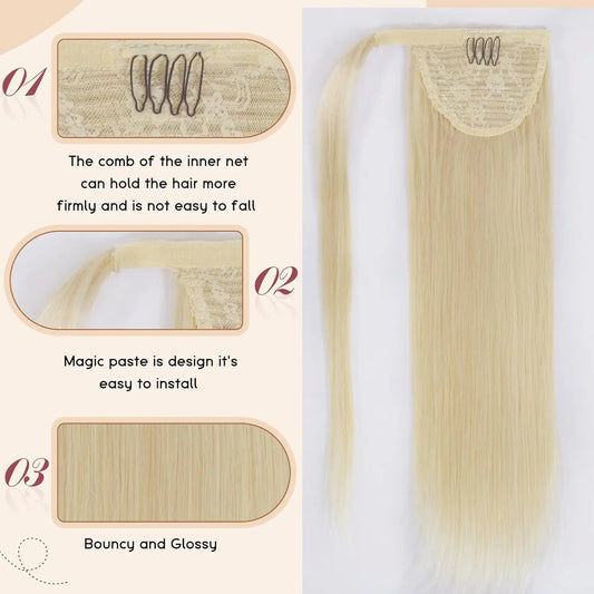 613 Blonde Straight Ponytail Human Hair Clips In Brazilian 100% Human Hair Extension Wrap Around Drawstring Head Wear Hairpiece