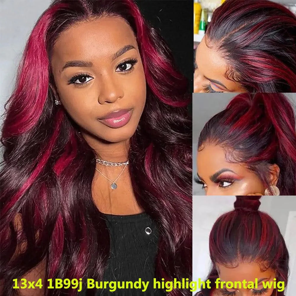 Ombre Burgundy Highlight Synthetic Lace Front Wigs Pre Plucked with Baby Hair Body Wave 13x4 HD Lace Front Wigs for Black Women