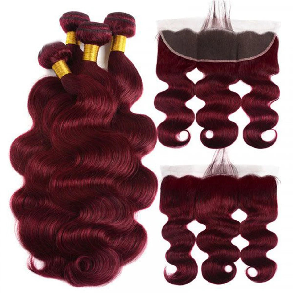 2/3/4 Bundles With Frontal Body Wave Highlight Burgundy #99J Human Hair 13x4 Lace Front With 3 Bundles Brazilian Hair For Women