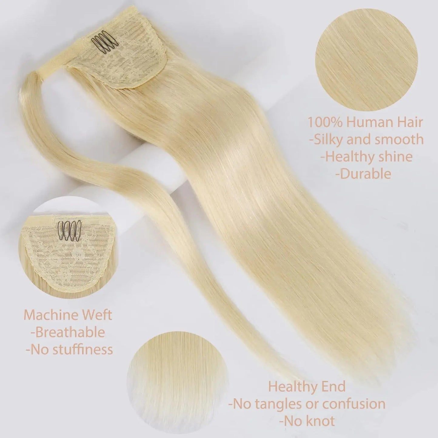 613 Blonde Straight Ponytail Human Hair Clips In Brazilian 100% Human Hair Extension Wrap Around Drawstring Head Wear Hairpiece