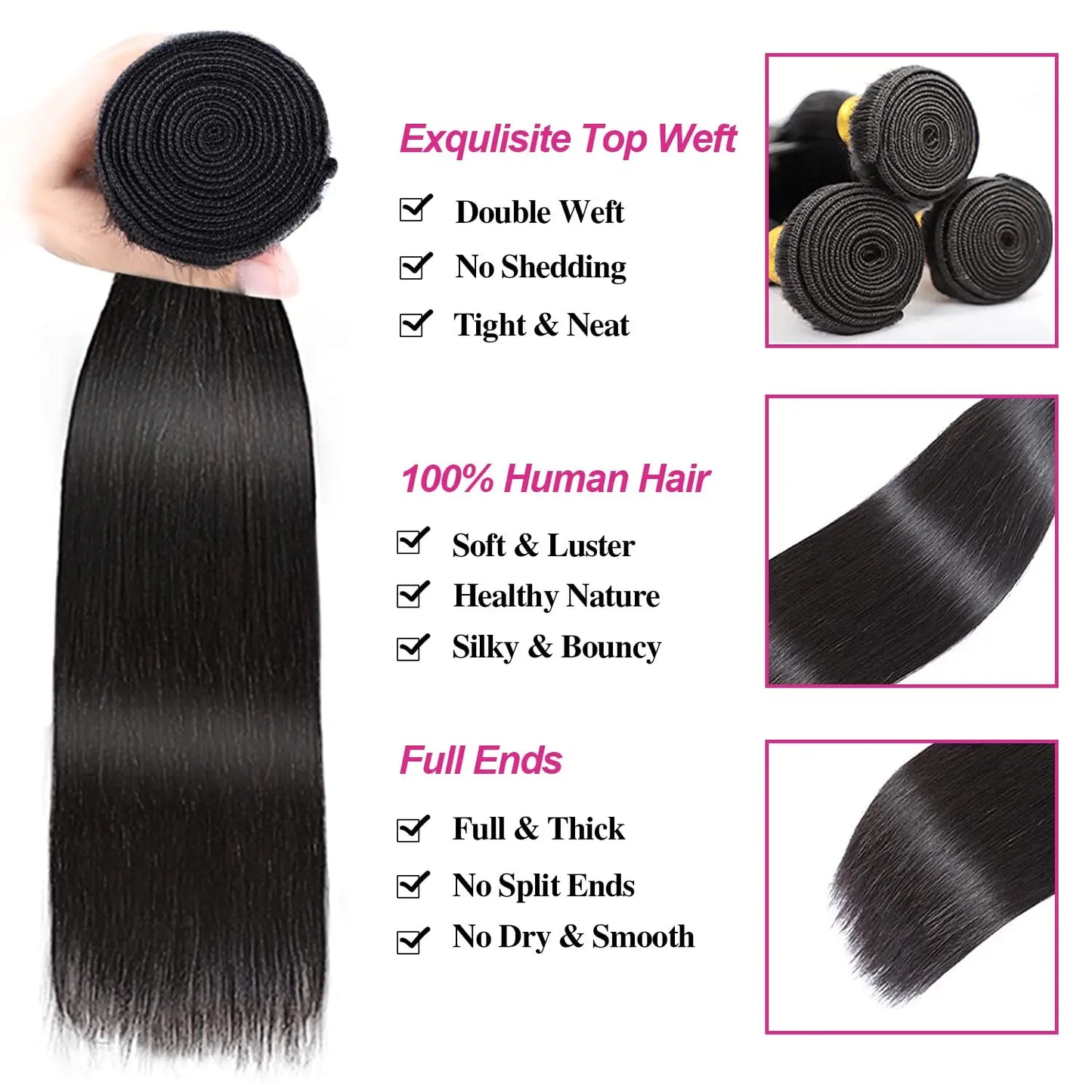 Straight Human Hair Bundles with Closure 100% Unprocessed Brazilian Human Hair 3 Bundles with Frontal 4x4 Closure with Baby Hair