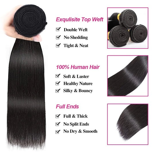 Straight Human Hair Bundles with Closure 100% Unprocessed Brazilian Human Hair 3 Bundles with Frontal 4x4 Closure with Baby Hair