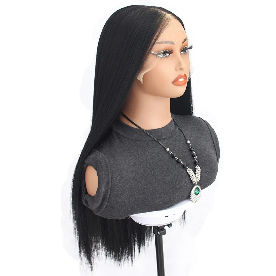 13X6 Bio Synthetic Lace Front Wigs Yaki Straight 26inches 260gram Heat Resistant Fiber Transparent Lace Frontal Wigs #1B #4