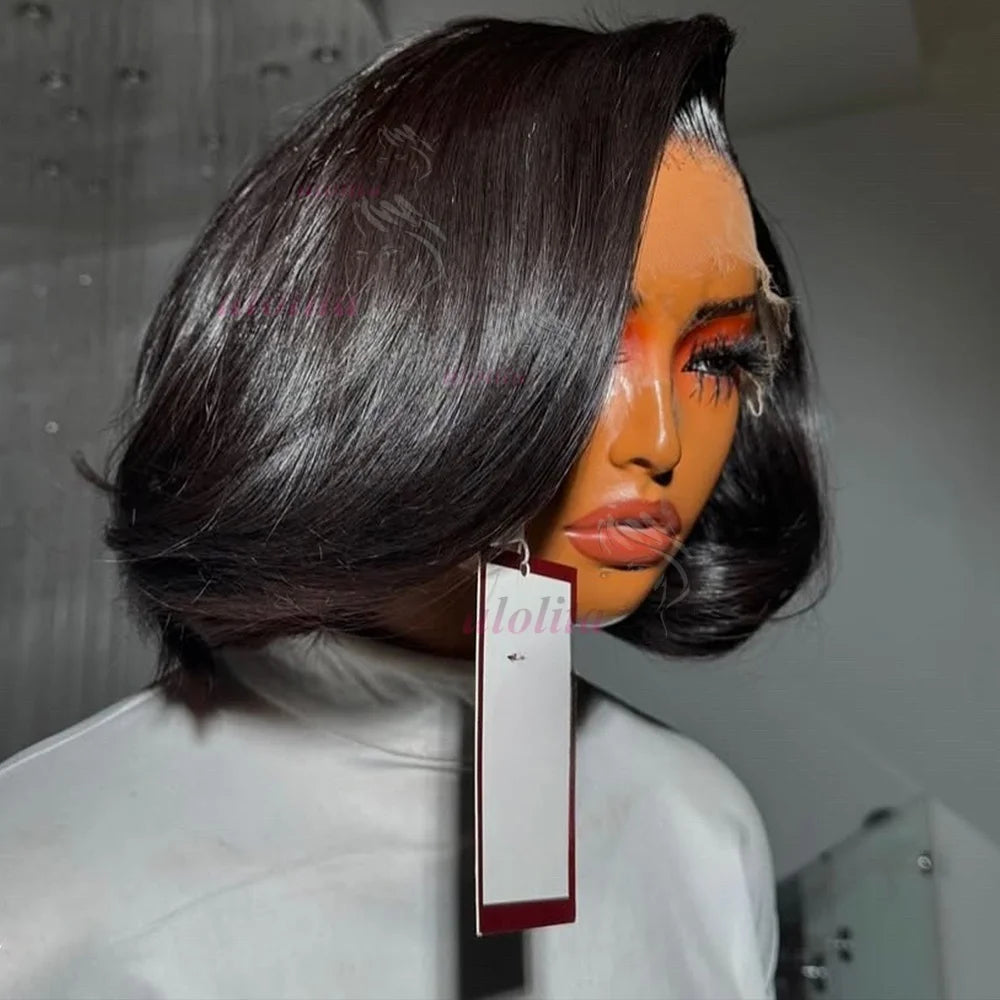 Short straightBob Wigs 13x4 HD Lace Closure Wig Blunt Cut with face framing layers Glueless Human Hair Ombre Chocolate brown wig