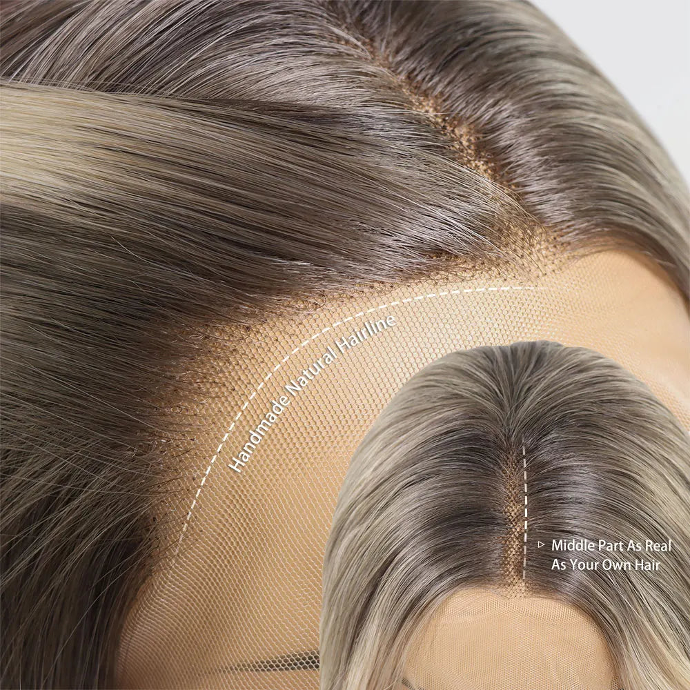 30 Inch Highlight Blonde Synthetic Lace Front Wigs Dark Roots Straight Long Ombre Ash Blonde Pre Plucked Colored Wigs for Women