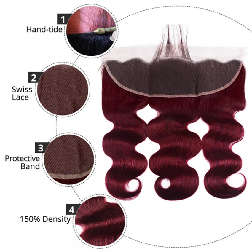 99J Burgundy Human Hair 3 Bundles with 13×4 Lace Frontal Body Wave 99J Burgundy Pre Plucked Frontal with Baby Hair For Women