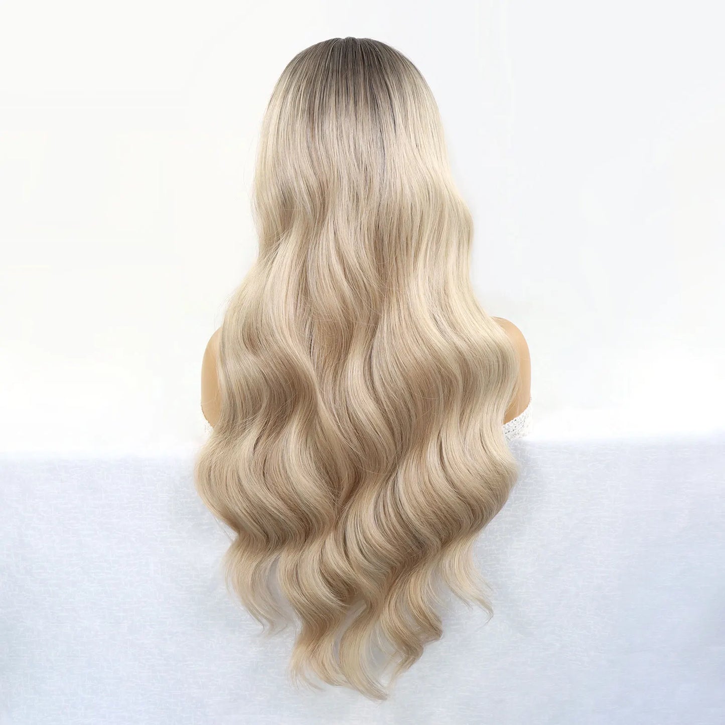 30 Inch Highlight Blonde Synthetic Lace Front Wigs Dark Roots Straight Long Ombre Ash Blonde Pre Plucked Colored Wigs for Women
