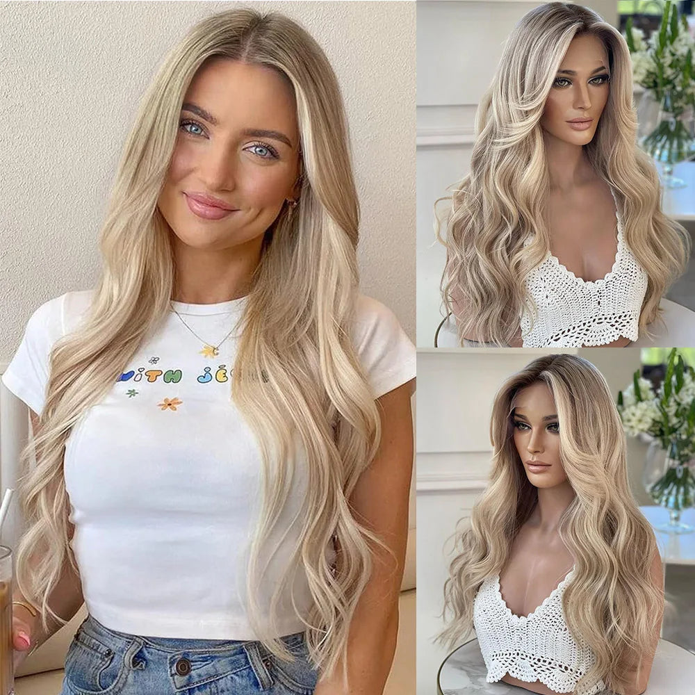 30 Inch Highlight Blonde Synthetic Lace Front Wigs Dark Roots Straight Long Ombre Ash Blonde Pre Plucked Colored Wigs for Women