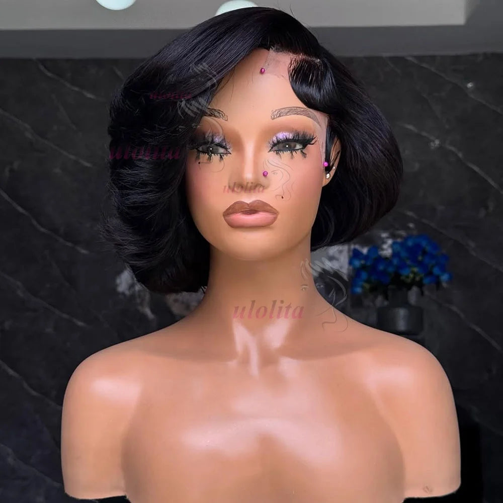 Short straightBob Wigs 13x4 HD Lace Closure Wig Blunt Cut with face framing layers Glueless Human Hair Ombre Chocolate brown wig