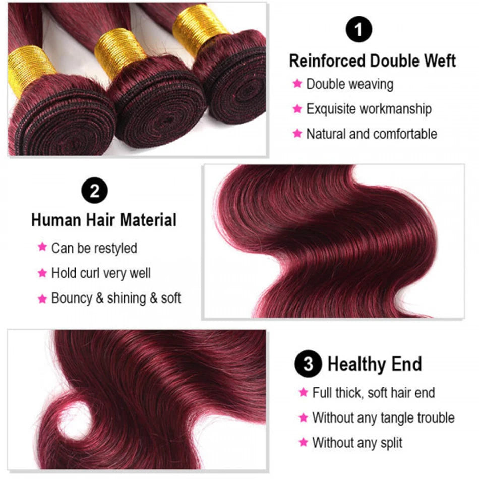 2/3/4 Bundles With Frontal Body Wave Highlight Burgundy #99J Human Hair 13x4 Lace Front With 3 Bundles Brazilian Hair For Women