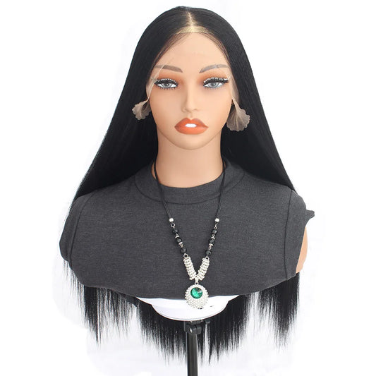13X6 Bio Synthetic Lace Front Wigs Yaki Straight 26inches 260gram Heat Resistant Fiber Transparent Lace Frontal Wigs #1B #4