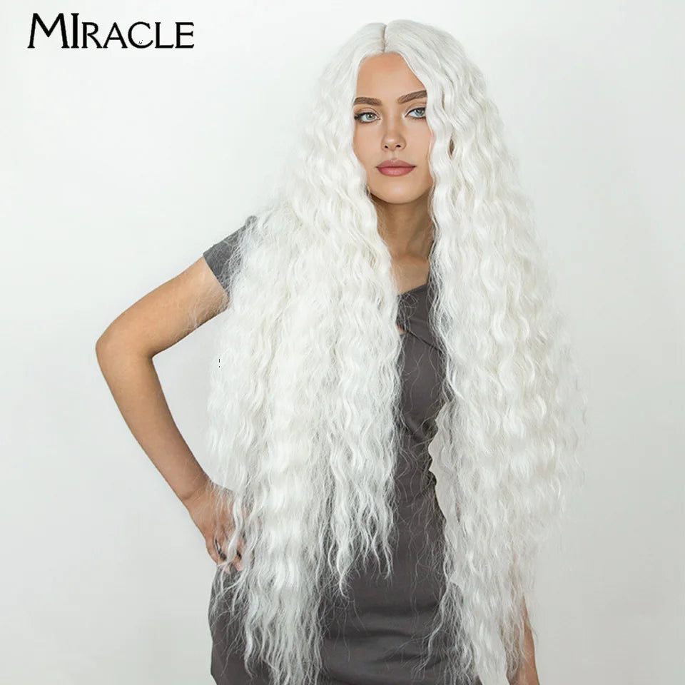 MIRACLE Synthetic Lace Front Wig For Women 40 Inch Water Wave Lace Wig Cosplay Wigs 613 Pink Blonde Wig Super Long Fiber Hair