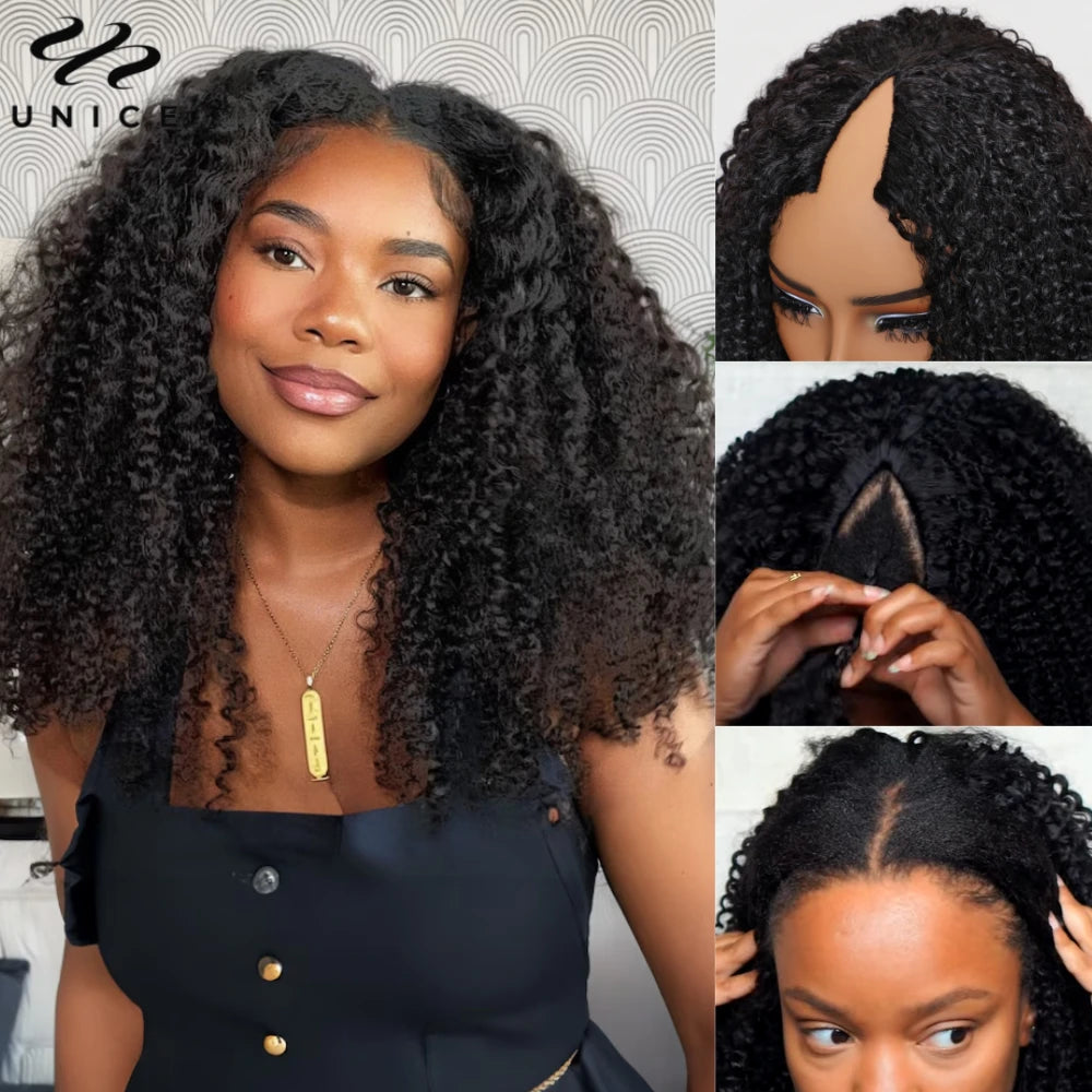 UNICE Hair Kinky Curly V Part Wig 100% Human Hair Upgrade U Part Wig No Leave Out EasiContou V Part Wig With Elastic Drawstring