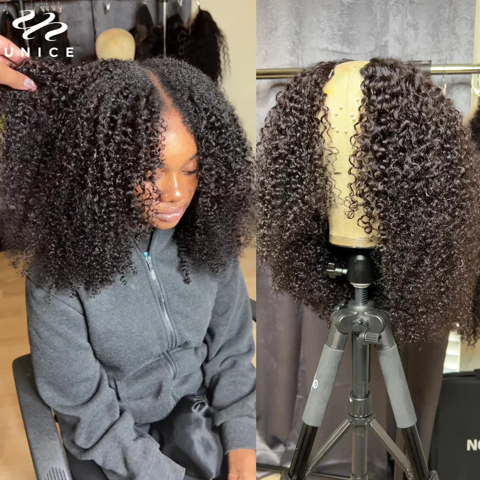 UNICE Hair Kinky Curly V Part Wig 100% Human Hair Upgrade U Part Wig No Leave Out EasiContou V Part Wig With Elastic Drawstring