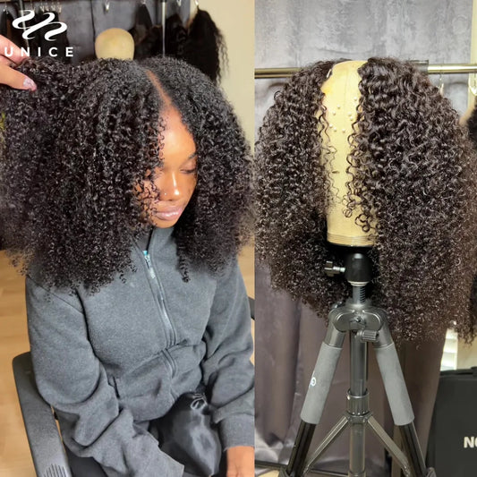 UNICE Hair Kinky Curly V Part Wig 100% Human Hair Upgrade U Part Wig No Leave Out EasiContou V Part Wig With Elastic Drawstring