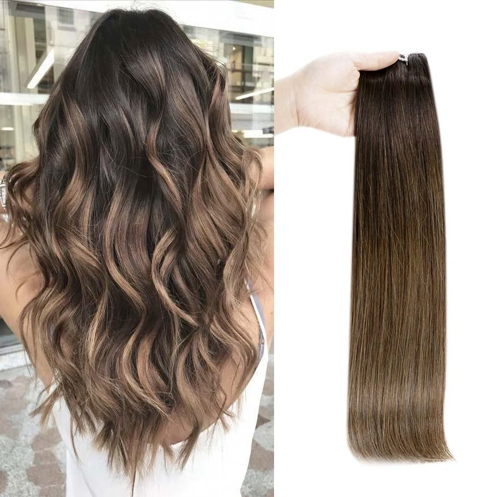 【On Sale】Full Shine Hair Weft Extensions Remy Human Hair 100G/Set Hair Bundles Ombre Brown 18-24inch  For Woman