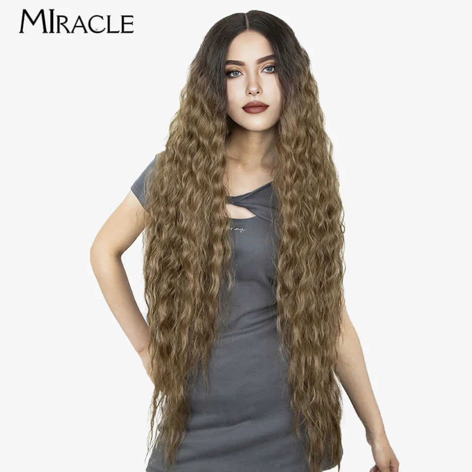 MIRACLE Synthetic Lace Front Wig For Women 40 Inch Water Wave Lace Wig Cosplay Wigs 613 Pink Blonde Wig Super Long Fiber Hair