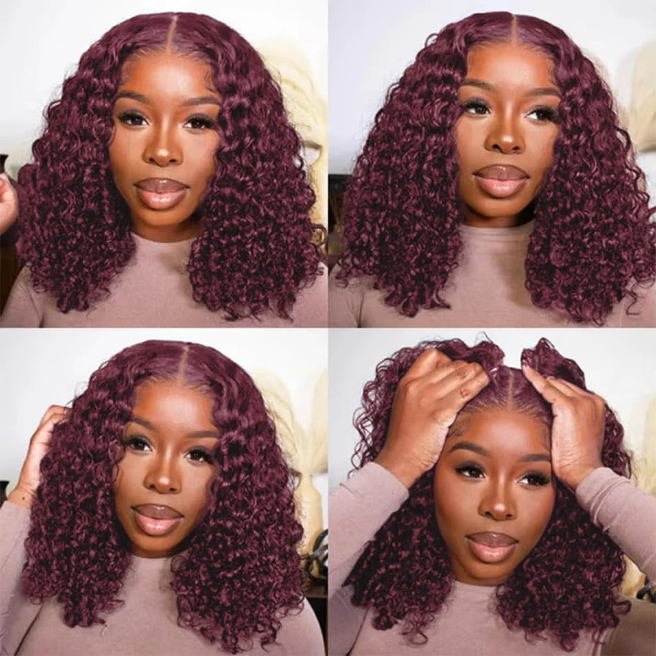 13x4 Lace Frontal Wig Short Bob Kinky Curly Wig Brazilian 99J Deep Water Wave Bob Burgundy Lace Front Wigs Bob 100% Human Hair