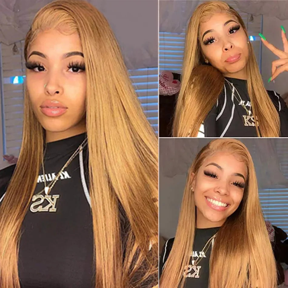 Wiggogo #27 Honey Blonde Human Hair Straight Wig 13X6 Lace Frontal Preplucked Wig 30 32 Inch Lace Front Colored Brazilian Wigs