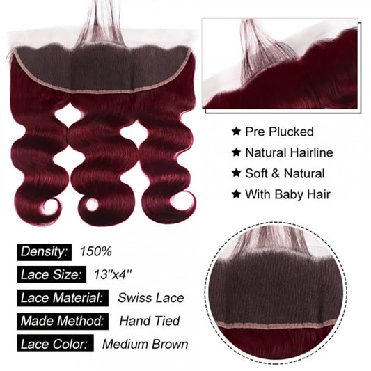 99J Burgundy Human Hair 3 Bundles with 13×4 Lace Frontal Body Wave 99J Burgundy Pre Plucked Frontal with Baby Hair For Women