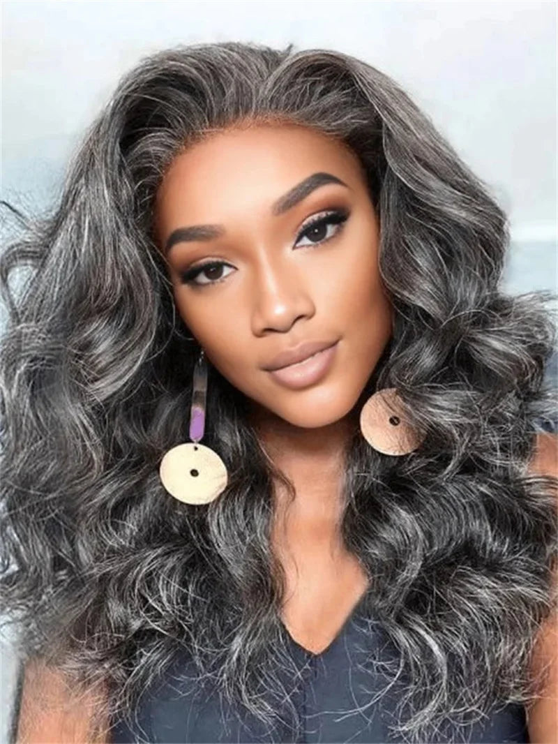13x4 HD Transparent Pepper Gray Beginner Friendly Body Wave Lace Front Wigs 260 Density Wavy Glueless Wig 100% Human Hair Wig