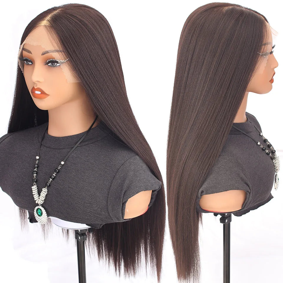 13X6 Bio Synthetic Lace Front Wigs Yaki Straight 26inches 260gram Heat Resistant Fiber Transparent Lace Frontal Wigs #1B #4