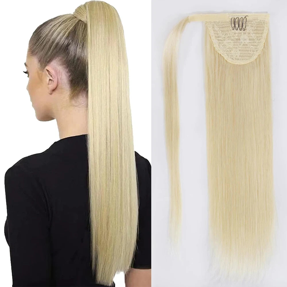 613 Blonde Straight Ponytail Human Hair Clips In Brazilian 100% Human Hair Extension Wrap Around Drawstring Head Wear Hairpiece
