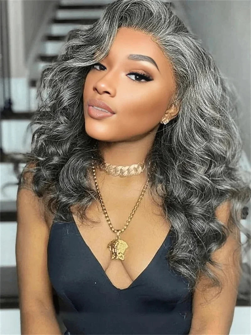 13x4 HD Transparent Pepper Gray Beginner Friendly Body Wave Lace Front Wigs 260 Density Wavy Glueless Wig 100% Human Hair Wig