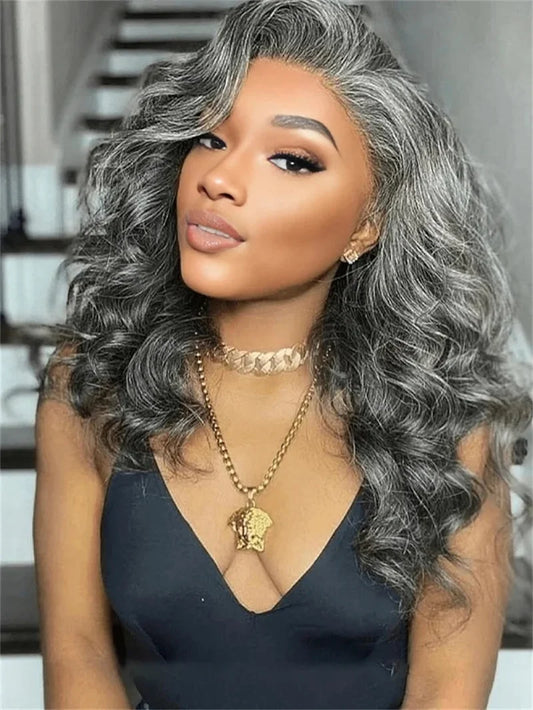 13x4 HD Transparent Pepper Gray Beginner Friendly Body Wave Lace Front Wigs 260 Density Wavy Glueless Wig 100% Human Hair Wig
