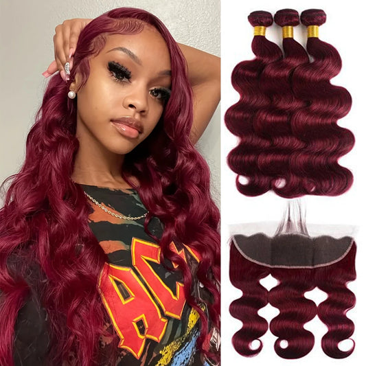 2/3/4 Bundles With Frontal Body Wave Highlight Burgundy #99J Human Hair 13x4 Lace Front With 3 Bundles Brazilian Hair For Women