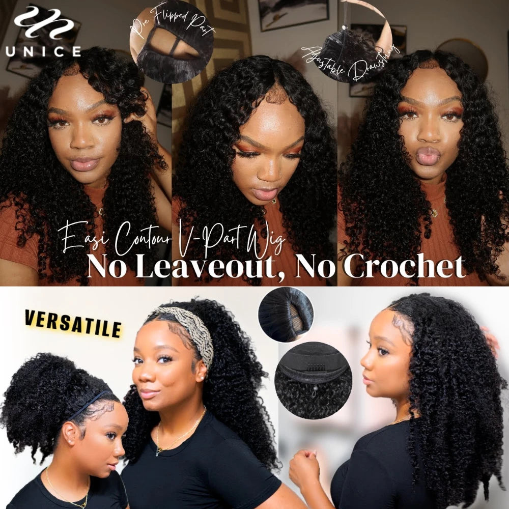 UNICE Hair Kinky Curly V Part Wig 100% Human Hair Upgrade U Part Wig No Leave Out EasiContou V Part Wig With Elastic Drawstring