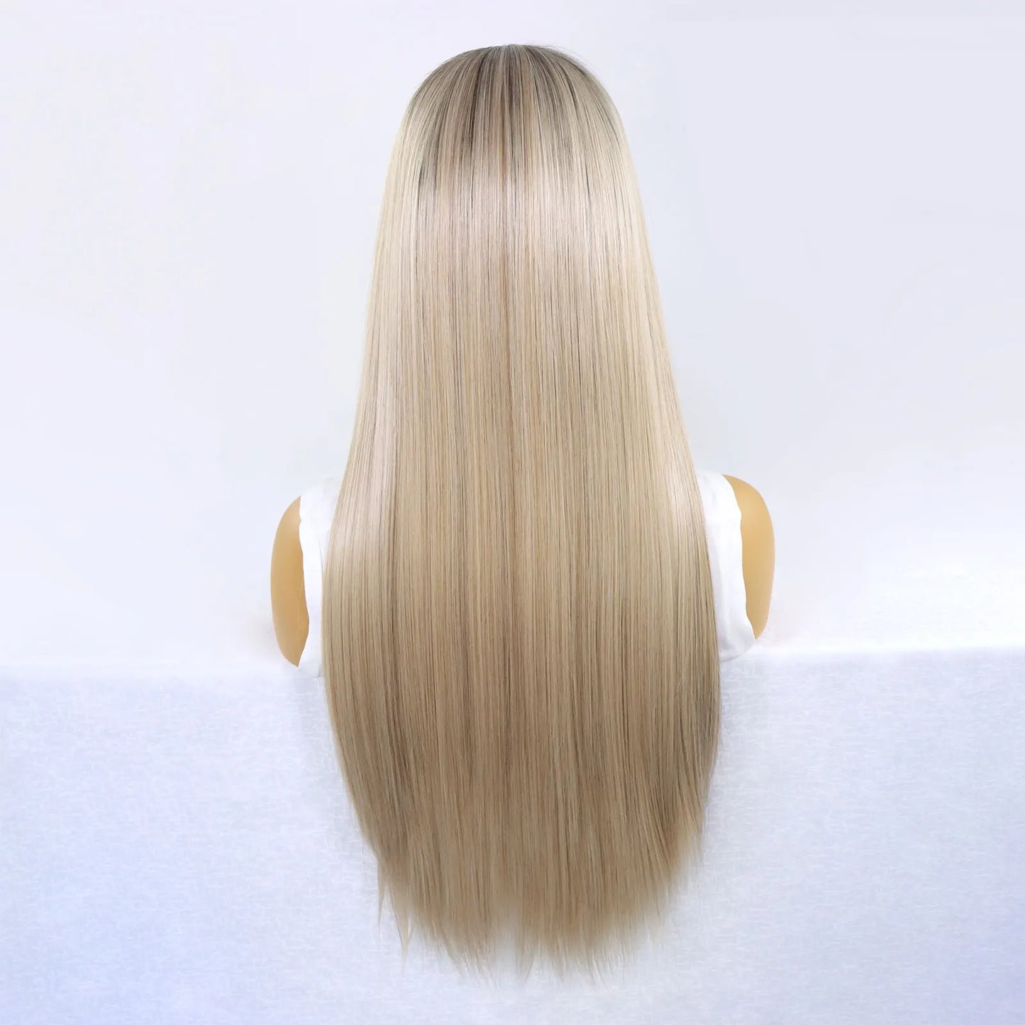 30 Inch Highlight Blonde Synthetic Lace Front Wigs Dark Roots Straight Long Ombre Ash Blonde Pre Plucked Colored Wigs for Women