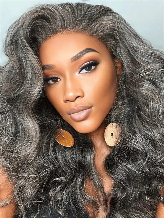 13x4 HD Transparent Pepper Gray Beginner Friendly Body Wave Lace Front Wigs 260 Density Wavy Glueless Wig 100% Human Hair Wig