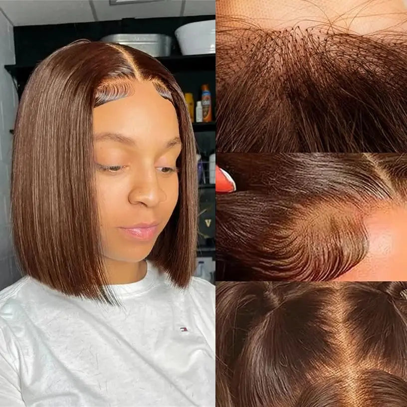Straight Bob Wig Human Hair Color #4 Chocolate Brown HD Lace Front Wig 13x4 Lace Front Wigs Human Hair Pre Plucked 200% Density