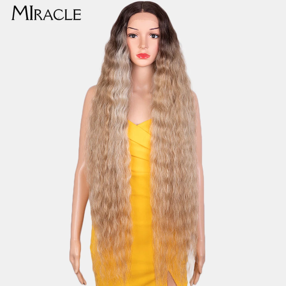 MIRACLE Synthetic Lace Front Wig For Women 40 Inch Water Wave Lace Wig Cosplay Wigs 613 Pink Blonde Wig Super Long Fiber Hair