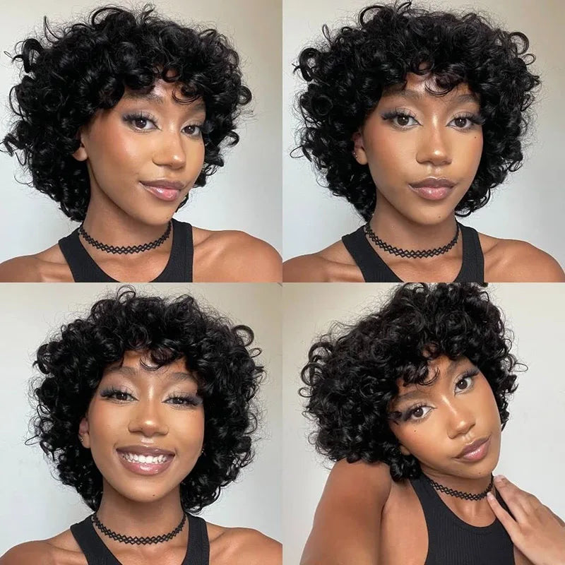 Funmi Human Hair Wig With Bangs Full Machine Made Short Rose Curly Human Hair Wig for Women Bouncy Curly Brazilian Pixie Cut Wig