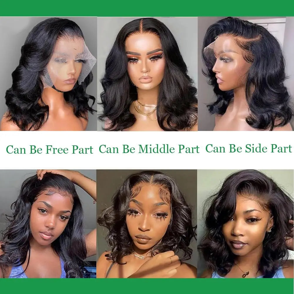 2025 New Arrival 14 Inch Natural Black Body Wave Pre-Plucked Human Hair Wig 13x4 HD Lace Front 180% Density Short Bob Wig