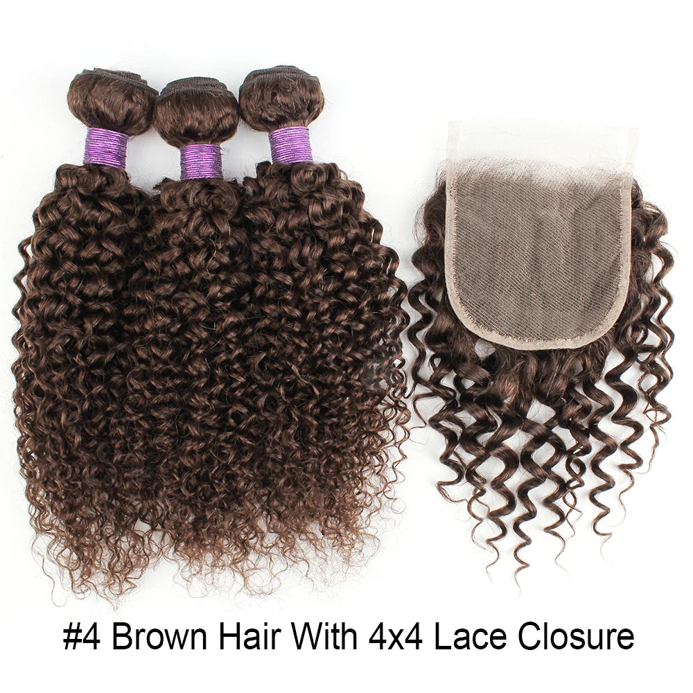 Brown Color Natural Black Jerry Curly Human Hair Bundles With 4x4 Lace Closure Peruvian Remy Hair With Swiss Lace 200g/Set