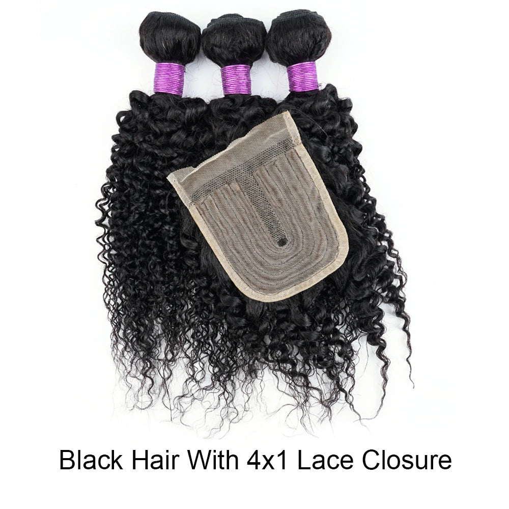 Brown Color Natural Black Jerry Curly Human Hair Bundles With 4x4 Lace Closure Peruvian Remy Hair With Swiss Lace 200g/Set