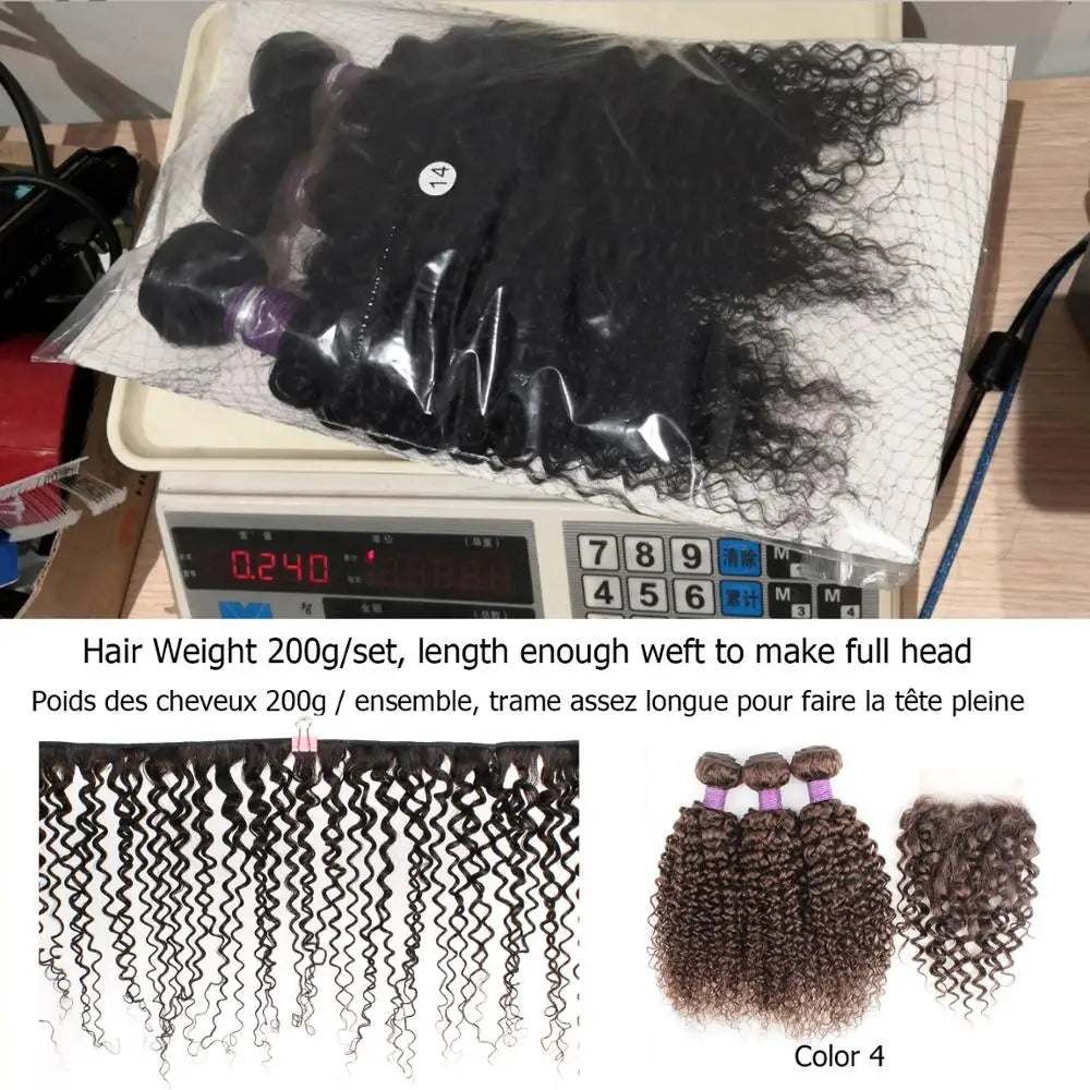 Brown Color Natural Black Jerry Curly Human Hair Bundles With 4x4 Lace Closure Peruvian Remy Hair With Swiss Lace 200g/Set