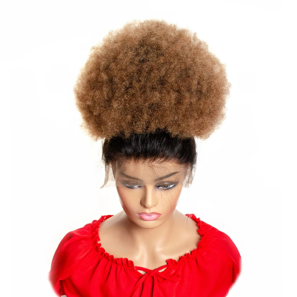 Afro Kinky Curly Drawstring Ponytail Human Hair Clip In Extensions Brazilian Remy Hair 10 Inches Natural Color Hair Bun